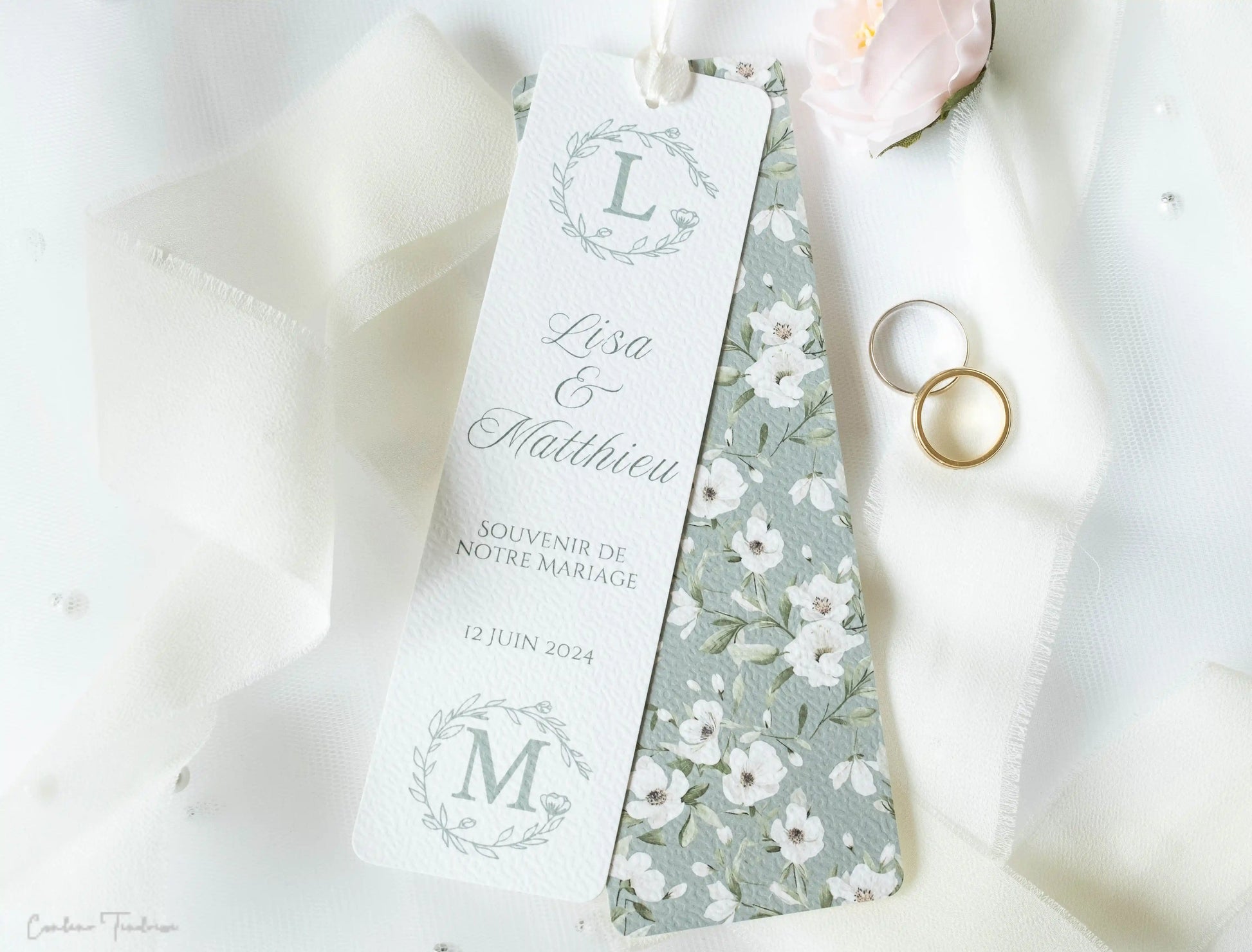 Signet Souvenir de Mariage - Cadeau pour Invités à imprimé fleuri vert sauge