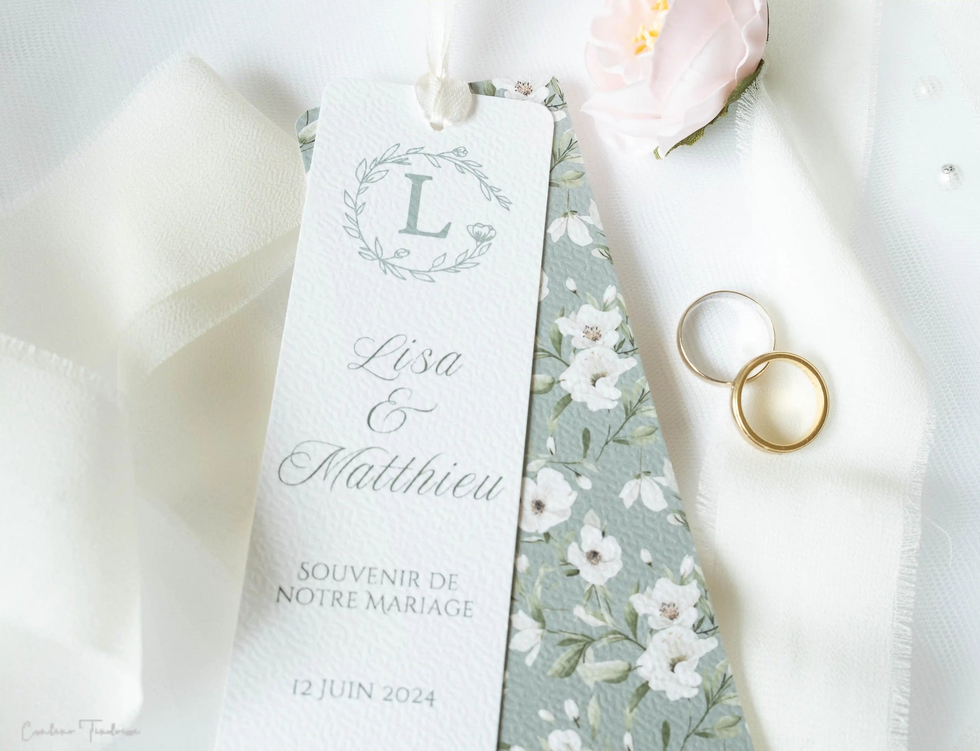 Signet Souvenir de Mariage - Cadeau pour Invités à imprimé fleuri vert sauge