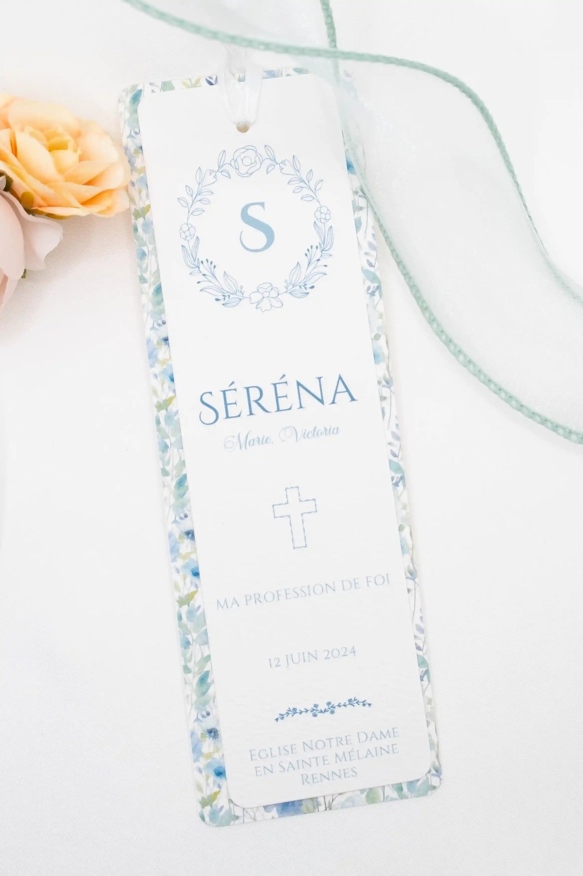 Signet Souvenir fleuri pour baptême et communion, imprimé turquoise et vert d'eau