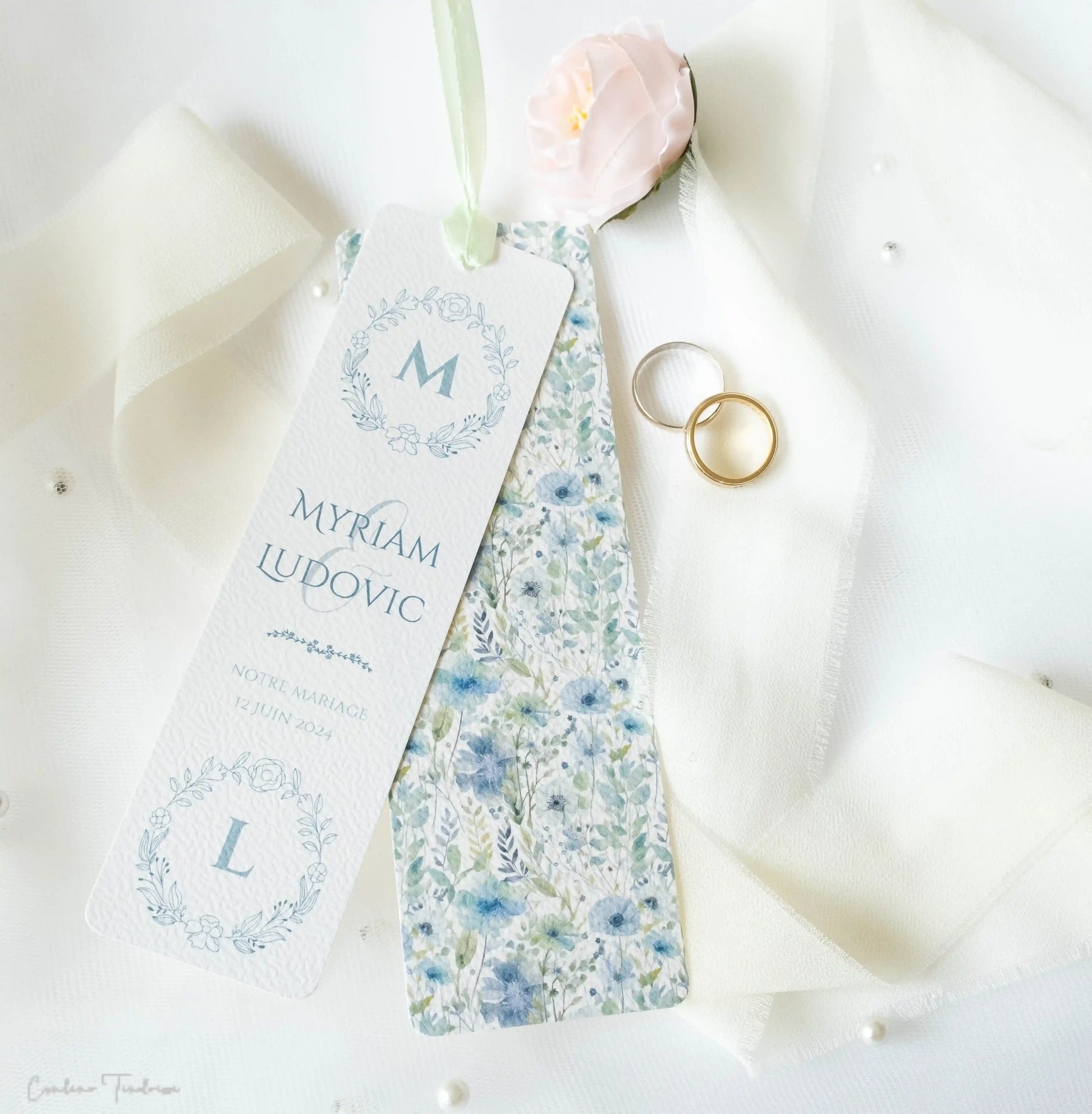 Signet de mariage - Cadeau pour invités à motif fleuri bleu et vert d'eau