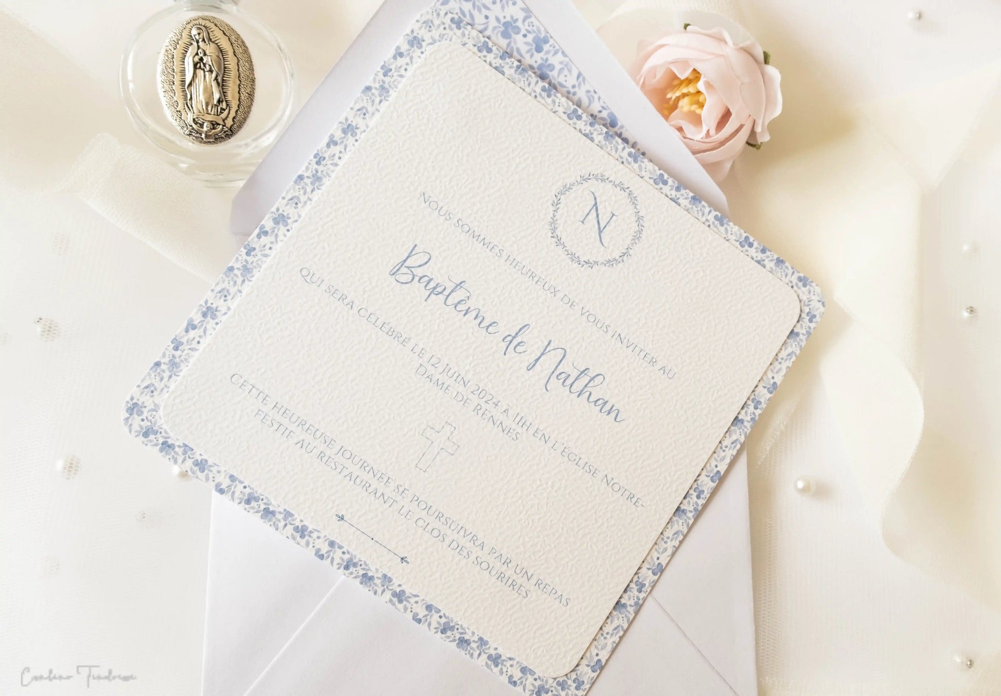 Faire Part de Baptême ou Communion fleuri - Collection Nathan