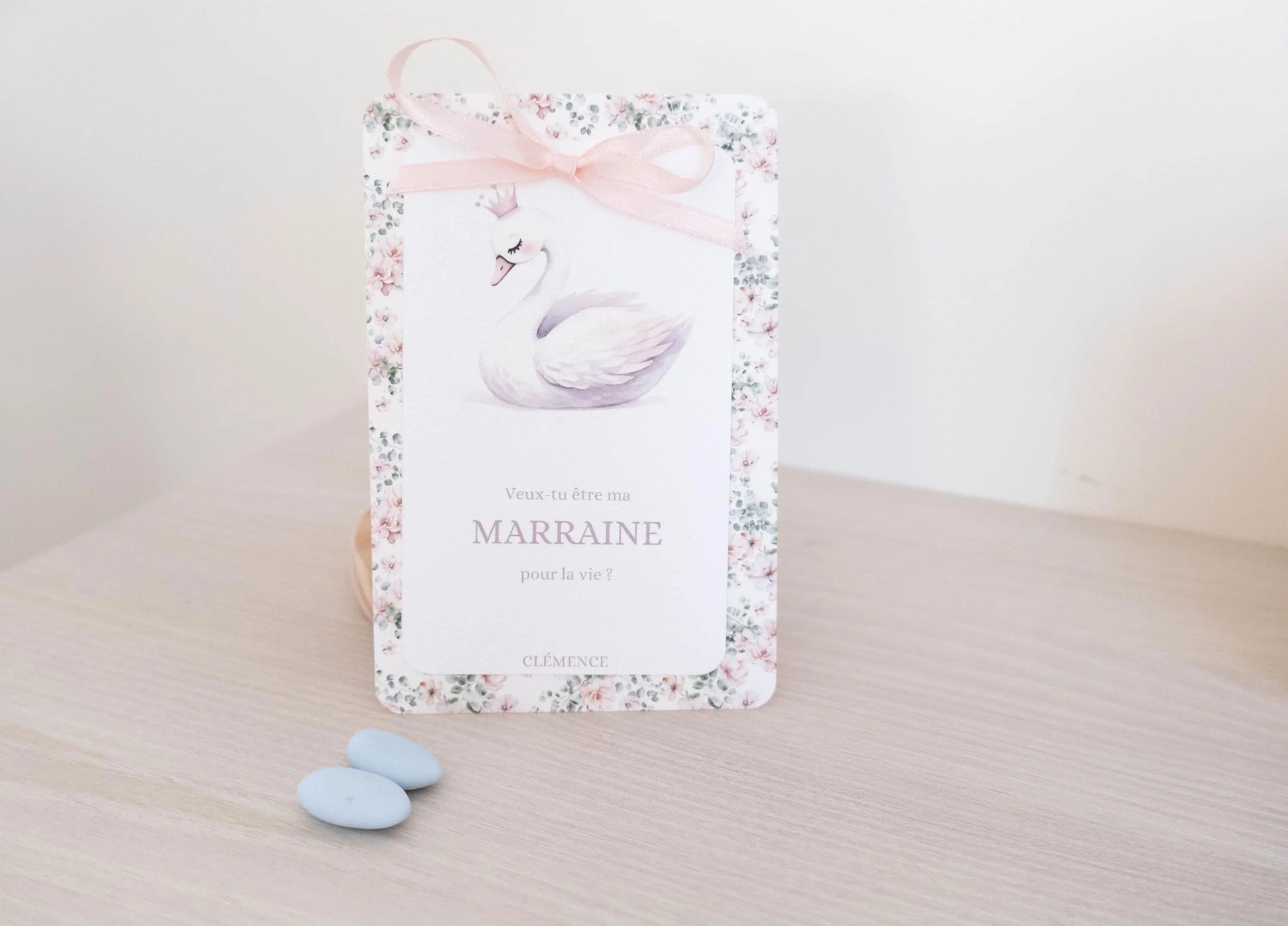 Jolie carte marraine en papier aquarelle texturé 300 g avec ruban rose poudré et enveloppe incluse