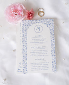 Menu de Mariage Personnalisé bleu fleuri blanc - Collection Uzès