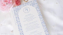 Menu de Mariage Personnalisé bleu fleuri blanc - Collection Uzès