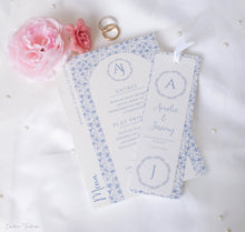 Menu de Mariage Personnalisé bleu fleuri blanc - Collection Uzès