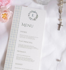 Menu de baptême personnalisé – Collection Eliott - Imprimé Vichy Bleu pâle et Vert d'eau