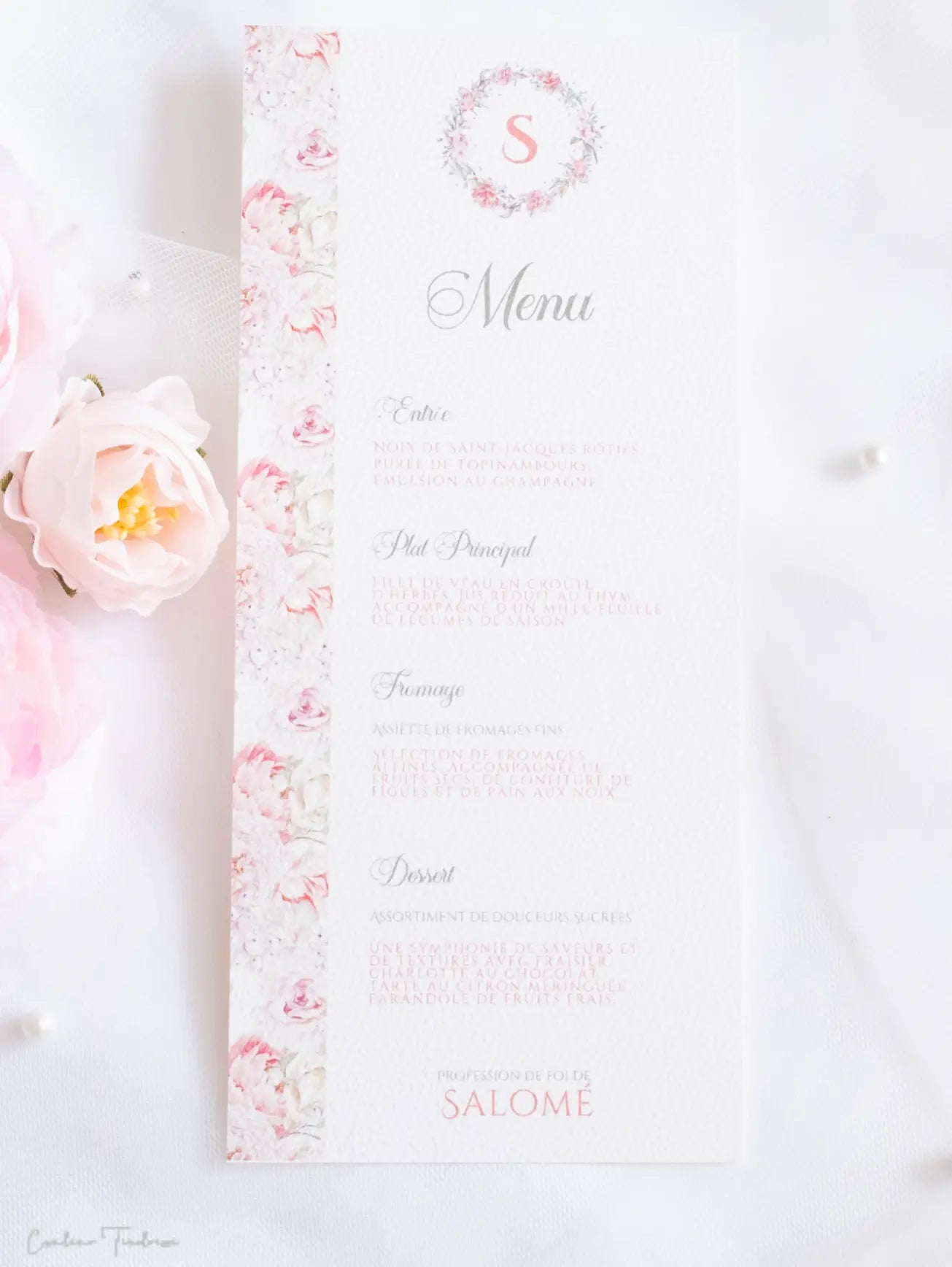 Menu de baptême personnalisé – Collection Salomé - Imprimé fleuri rose