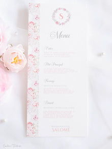 Menu de baptême personnalisé – Collection Salomé - Imprimé fleuri rose