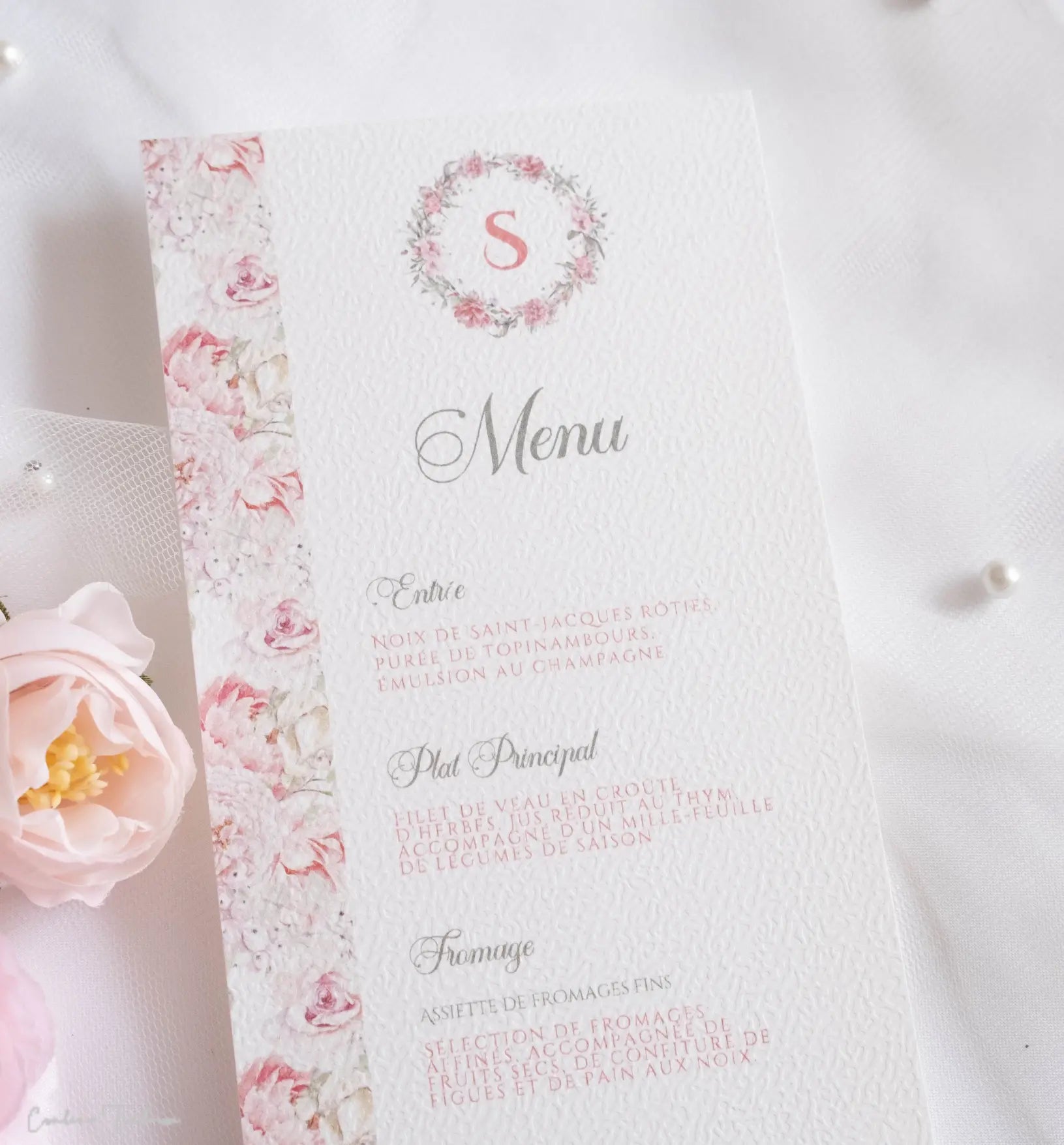 Menu de baptême personnalisé – Collection Salomé - Imprimé fleuri rose