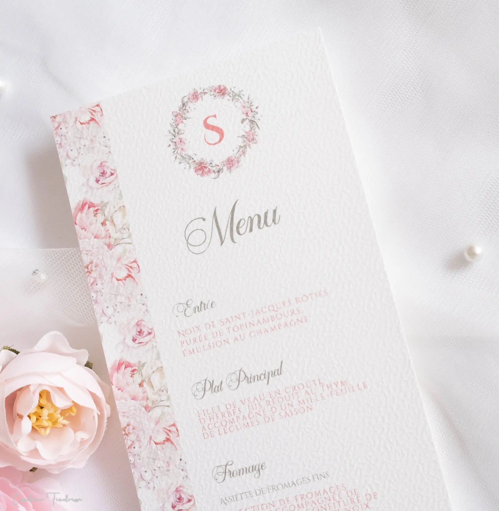 Menu de baptême personnalisé – Collection Salomé - Imprimé fleuri rose