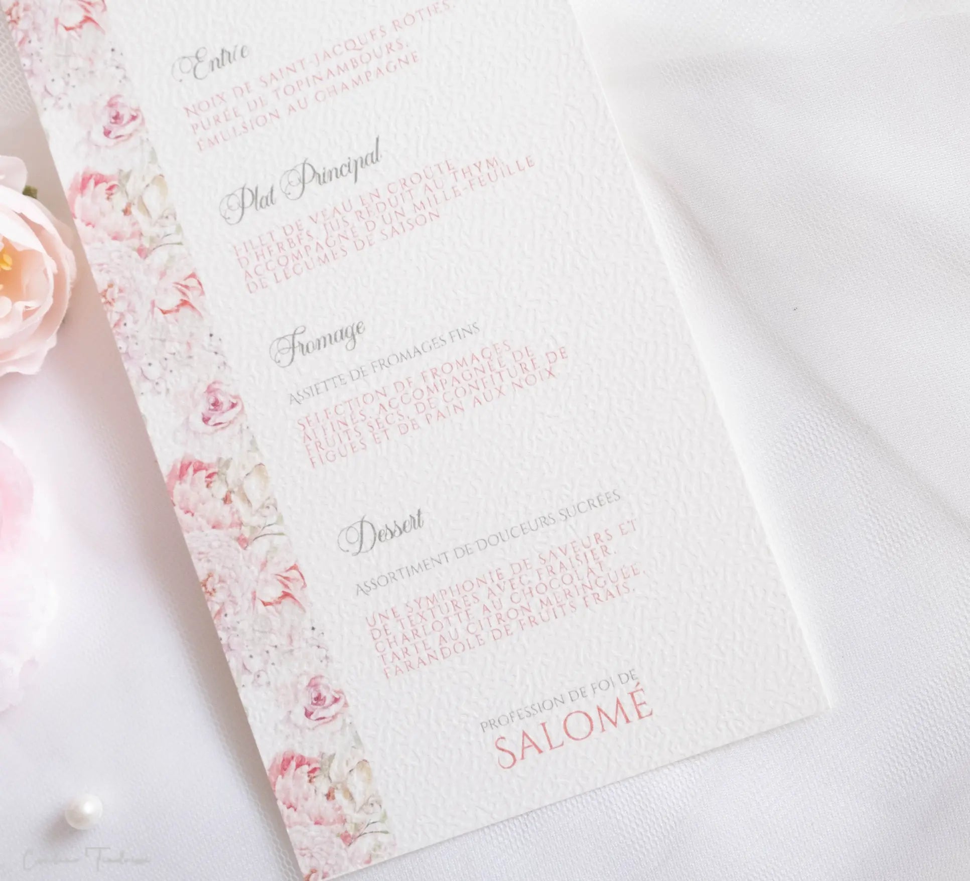 Menu de baptême personnalisé – Collection Salomé - Imprimé fleuri rose