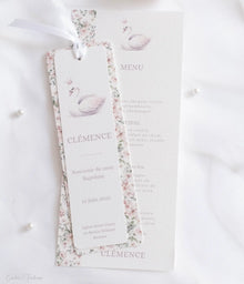 Menu de baptême personnalisé – Collection Clémence - Imprimé fleuri avec un Cygne