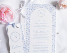 Menu de baptême personnalisé – Collection Nathan - Imprimé fleuri bleu
