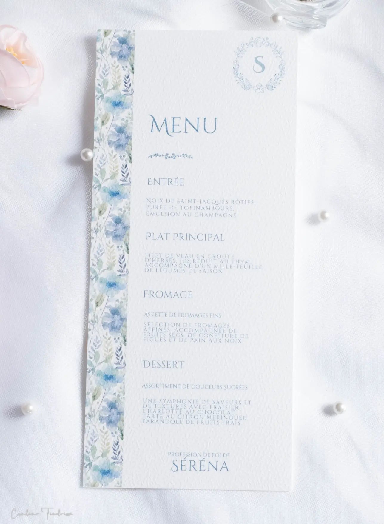 Menu de cérémonie personnalisé – Collection Séréna - Imprimé fleuri Bleu pâle et Vert d'eau