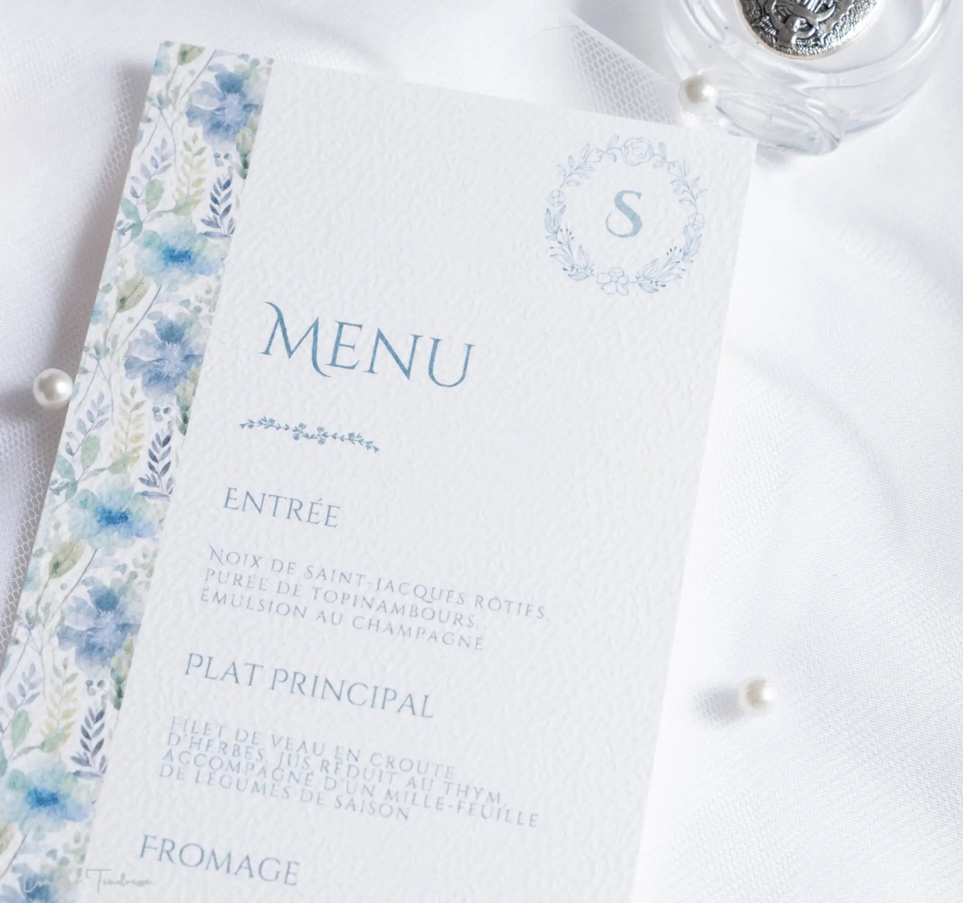 Menu de cérémonie personnalisé – Collection Séréna - Imprimé fleuri Bleu pâle et Vert d'eau