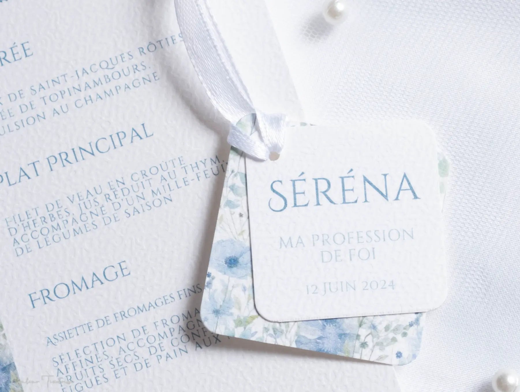 Menu de cérémonie personnalisé – Collection Séréna - Imprimé fleuri Bleu pâle et Vert d'eau