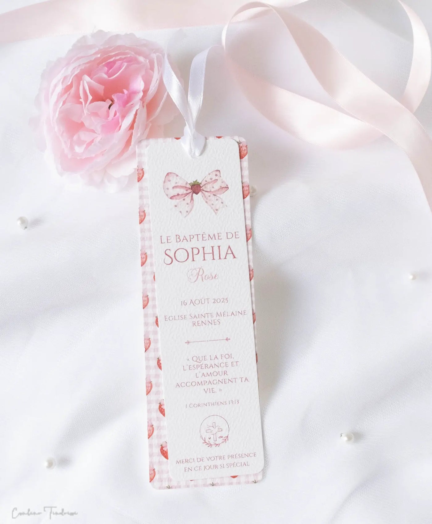 Signet de baptême personnalisé – Souvenir communion, thème fraises – Collection Fragola