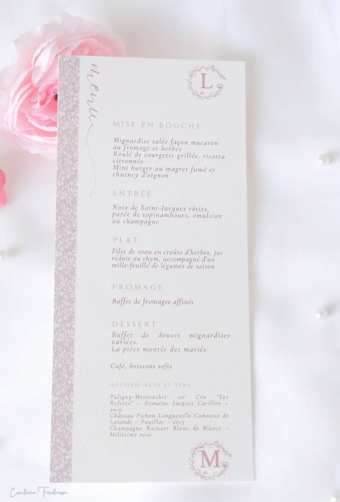 Menu de mariage personnalisé fleuri – format vertical 12x17 cm sur papier aquarelle, Collection Elérose Couleur Tendresse