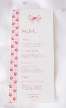 Menu baptême ou communion personnalisé motif fraises – Papeterie élégante Collection Fragola