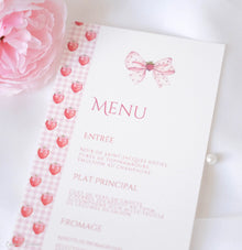 Menu baptême ou communion personnalisé motif fraises – Papeterie élégante Collection Fragola