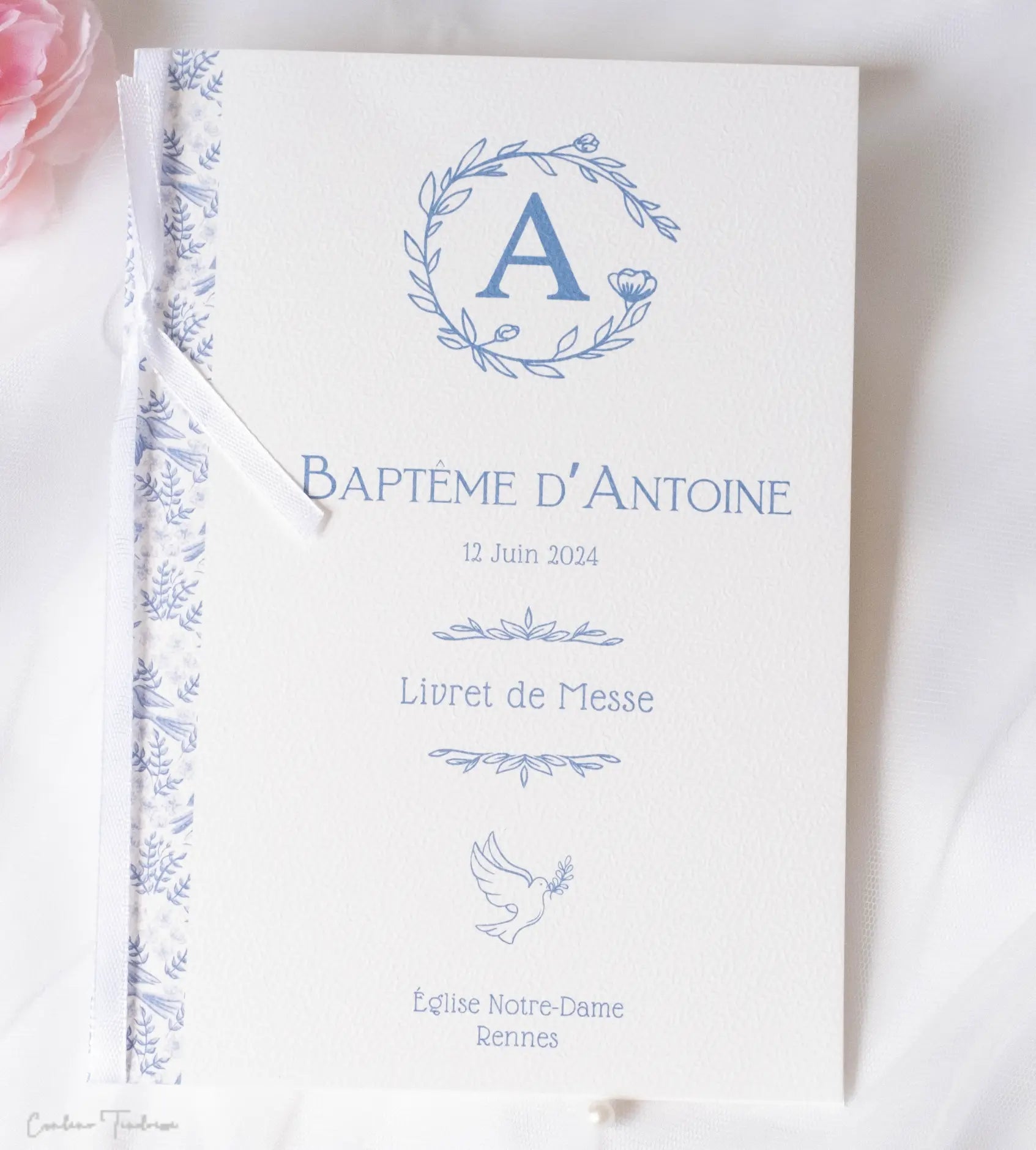 Couverture pour livret de messe à imprimé oiseau et ramages, parfaite pour baptême ou communion