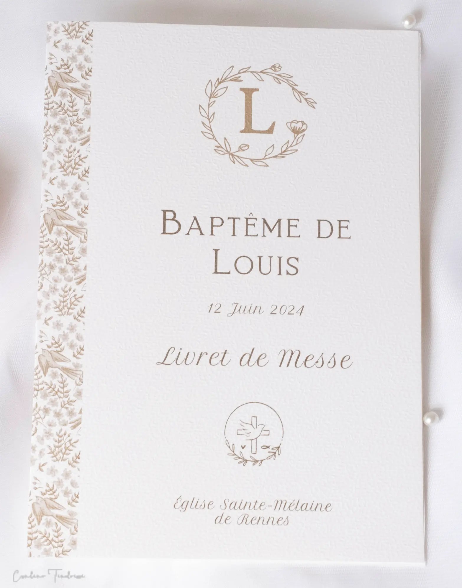 Couverture pour livret de messe à imprimé oiseau et ramages, parfaite pour baptême ou communion