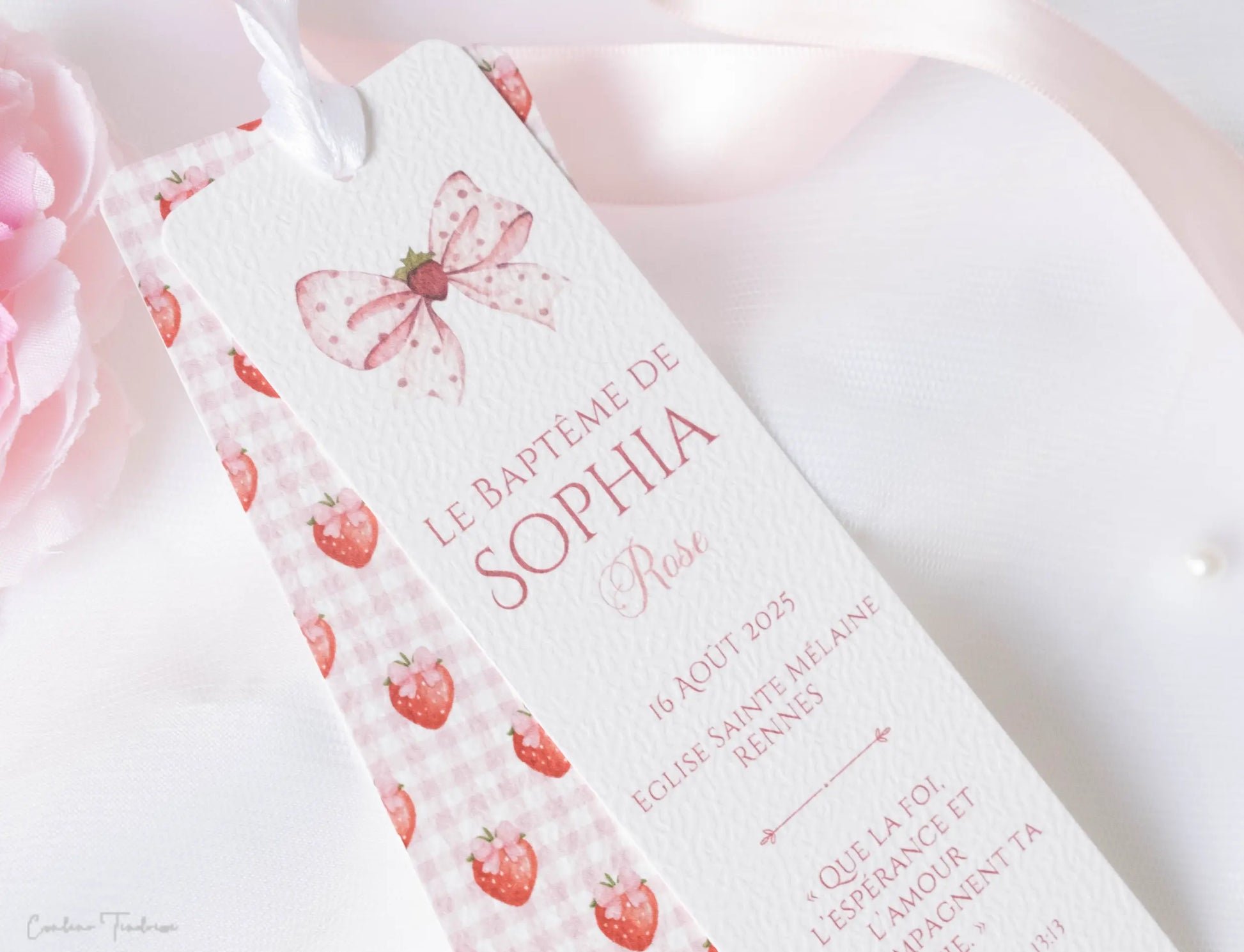 Papeterie baptême communion – signet souvenir Fraises
