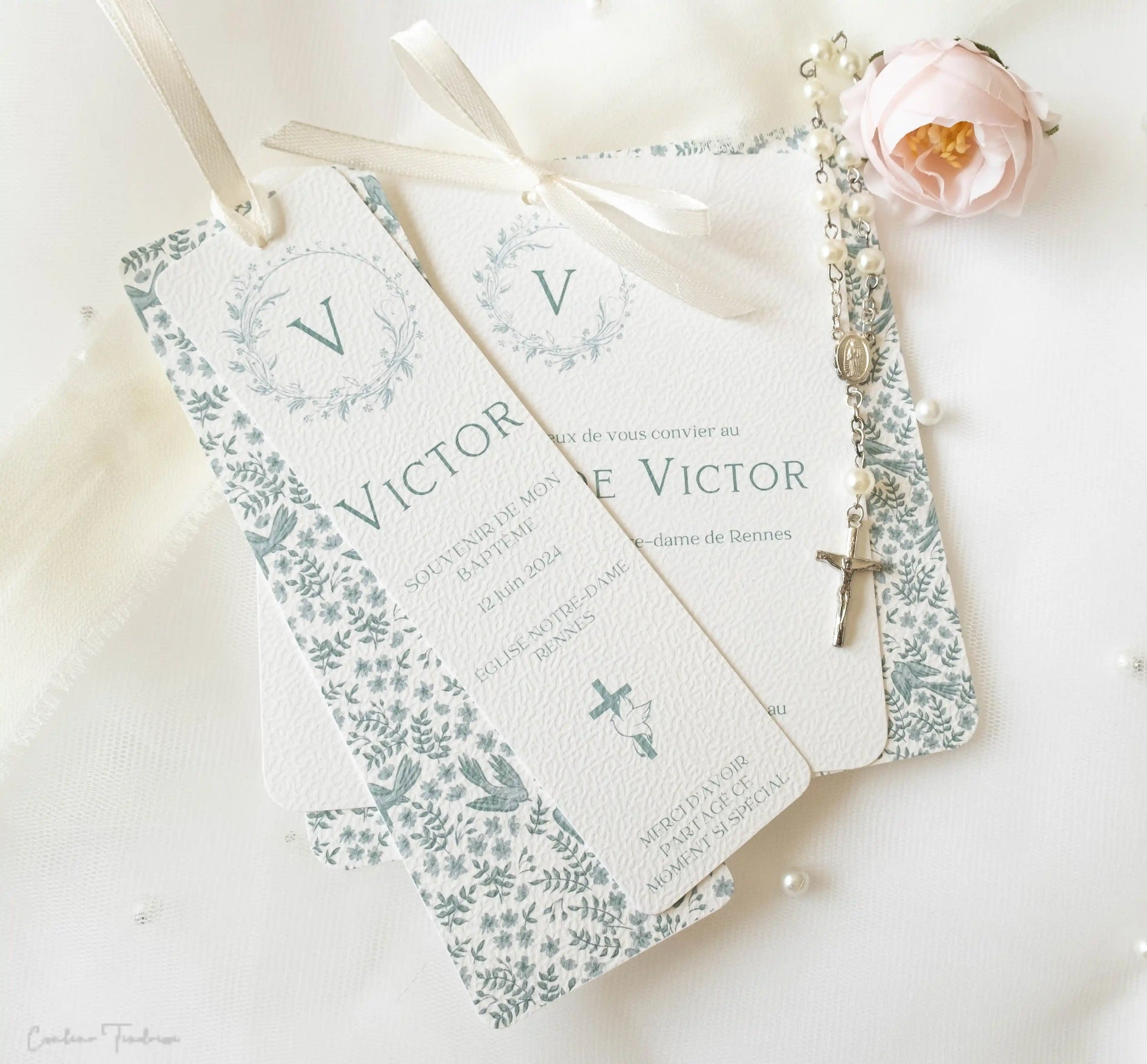 Faire-part et signet de baptême personnalisés à imprimé oiseaux