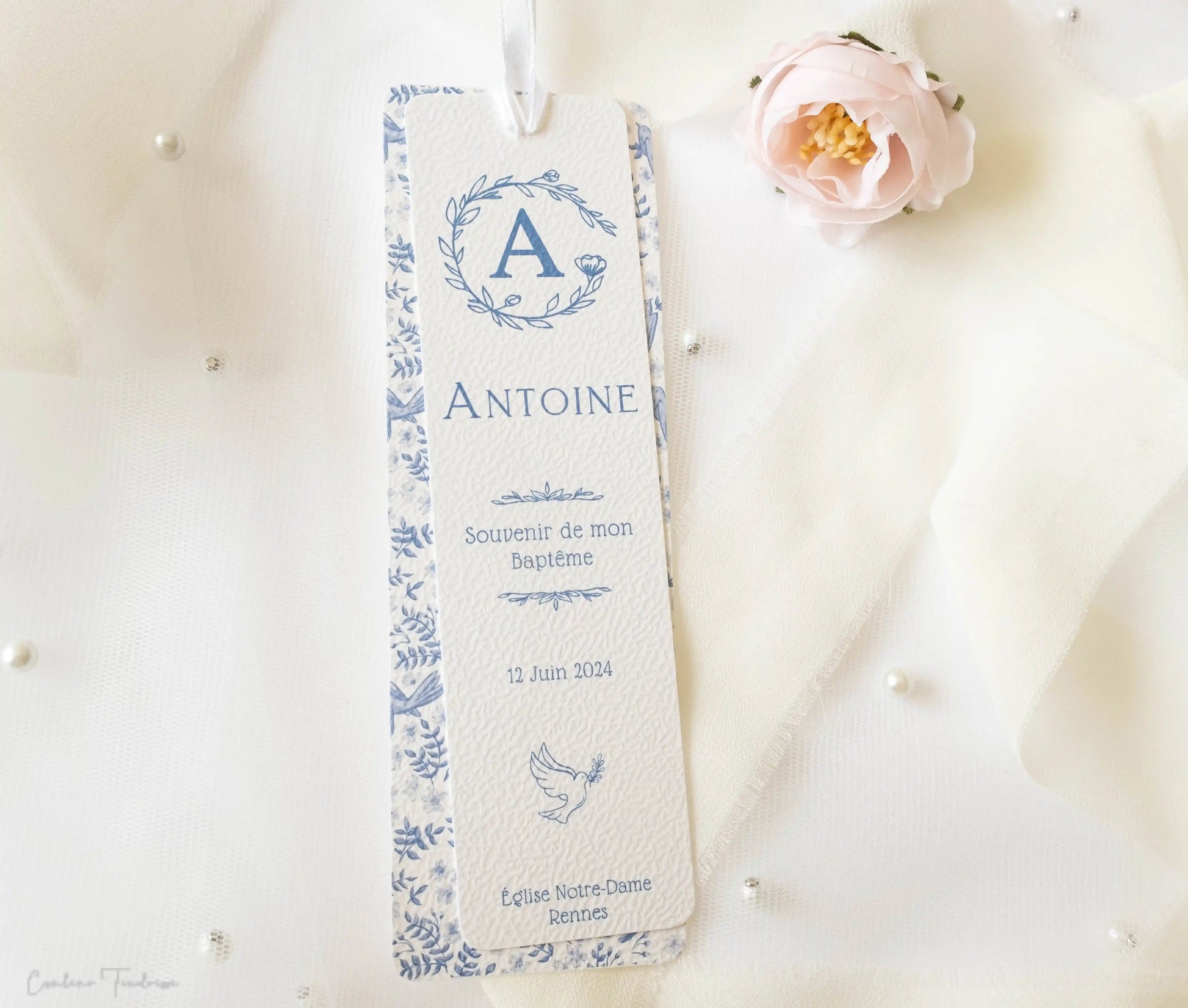 Signet personnalisé pour bapteme ou communion bleu avec des oiseaux