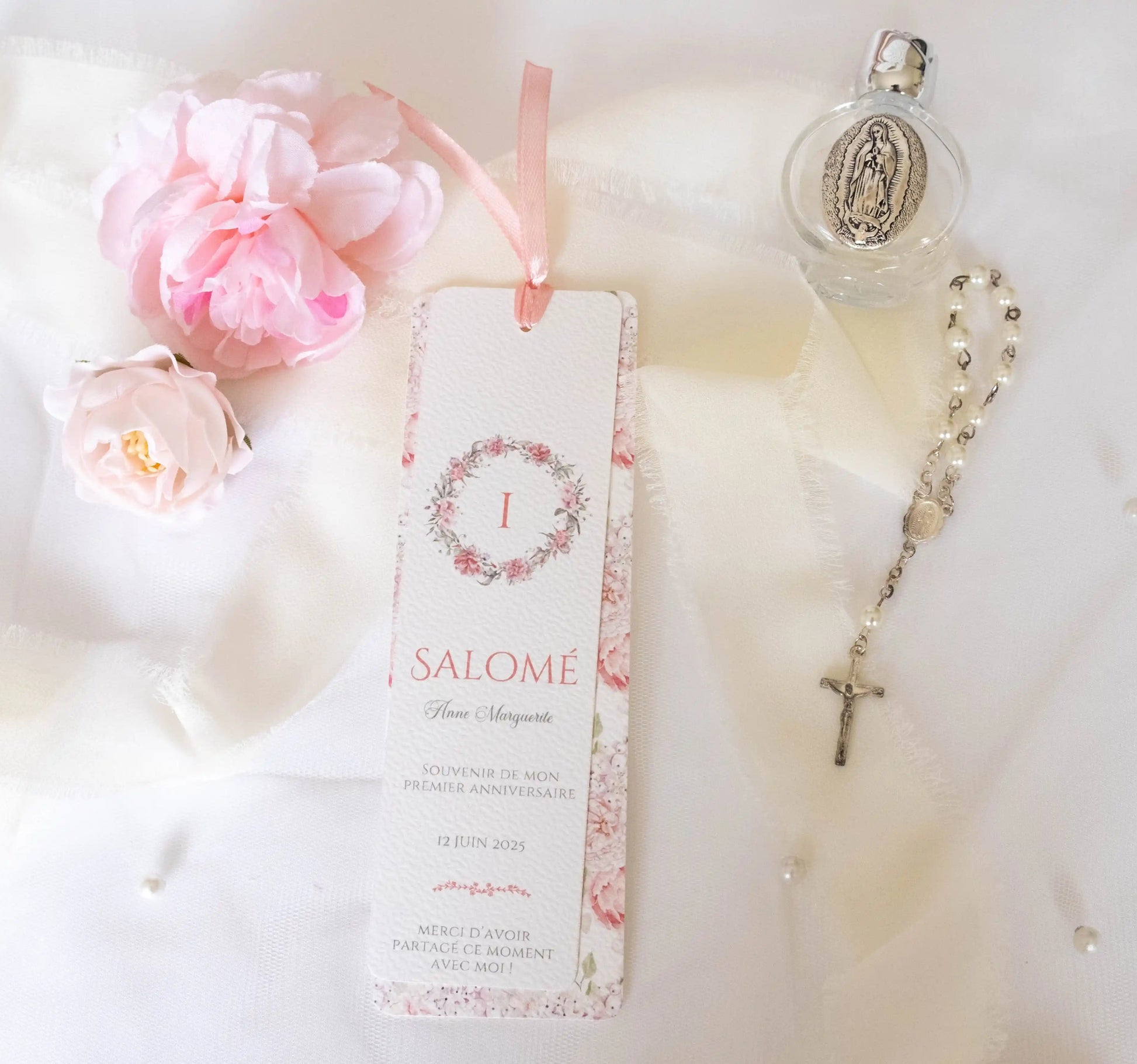 Signet Personnalisé de Baptême ou de Communion Fleuri Rose