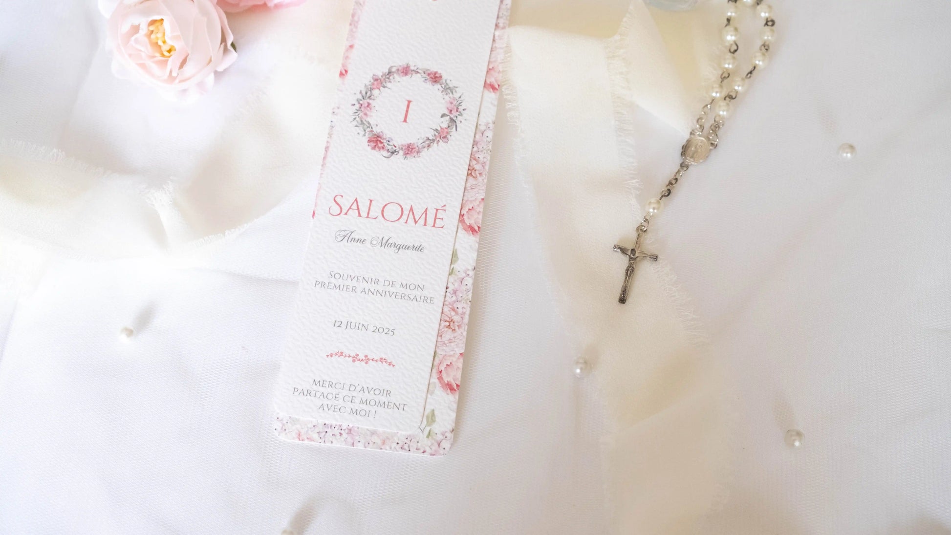 Signet Personnalisé de Baptême ou de Communion Fleuri Rose