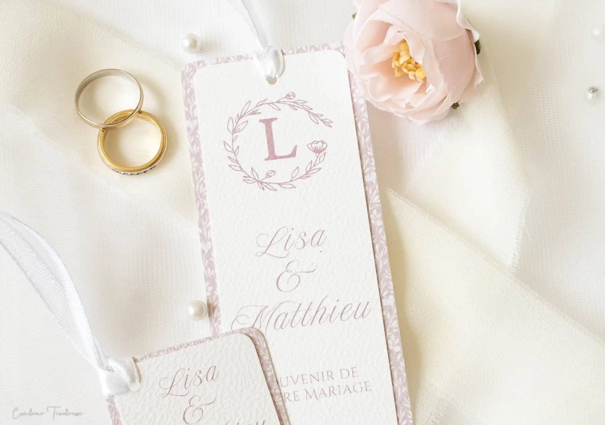 Signet et Etiquette de mariage au motif fleuri rose poudré