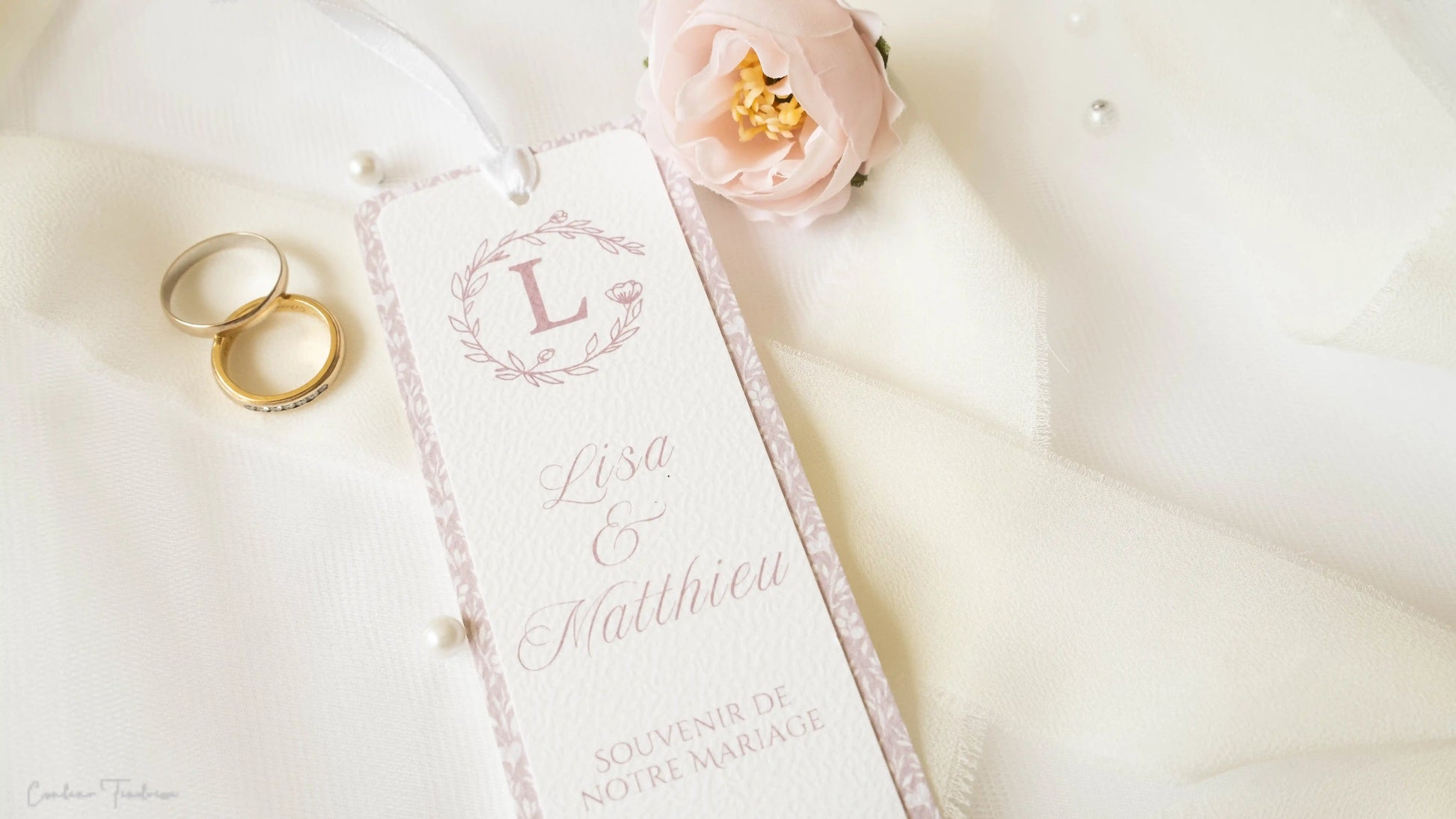 Signet et Etiquette de mariage au motif fleuri rose poudré