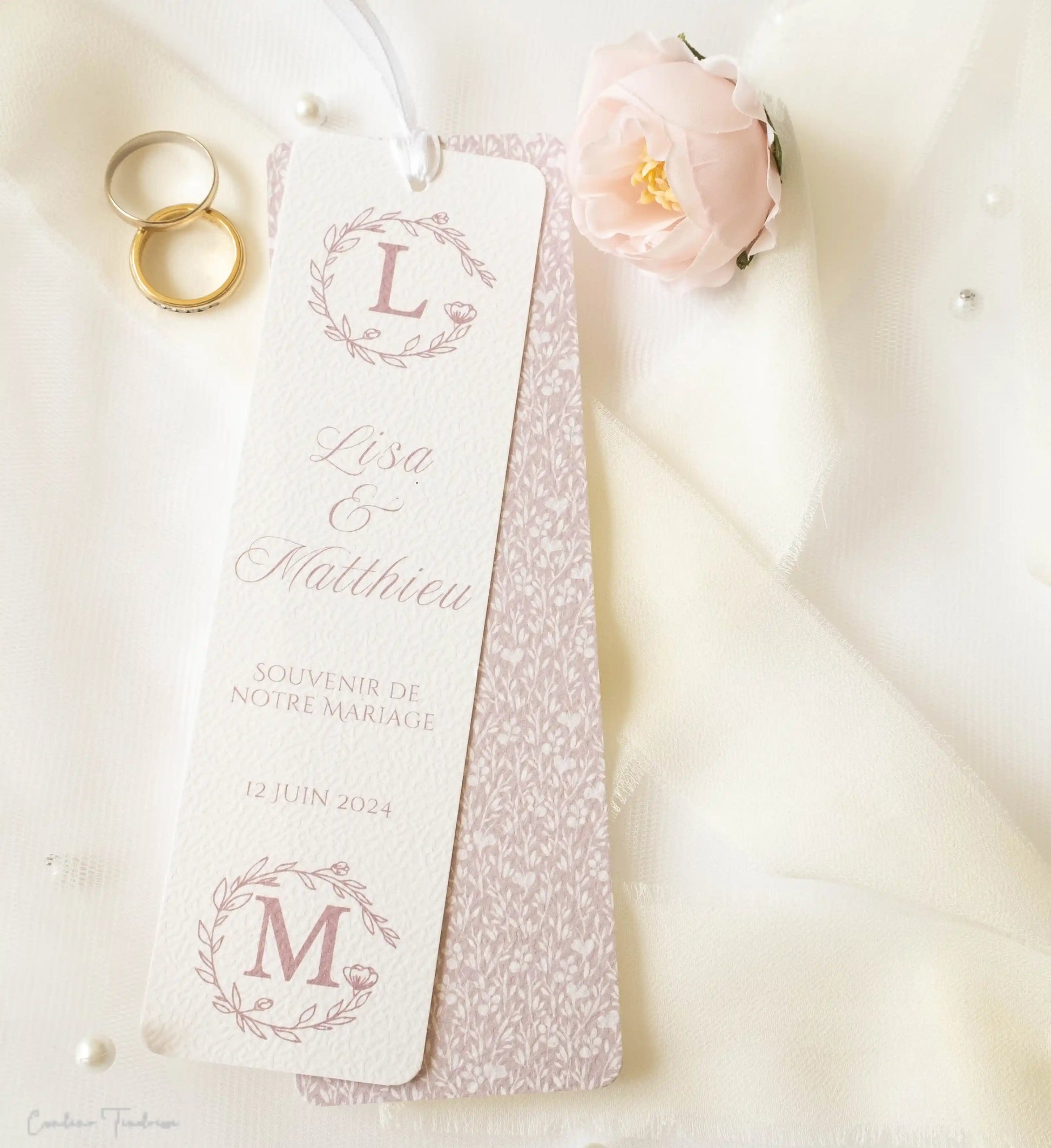 Signet et Etiquette de mariage au motif fleuri rose poudré