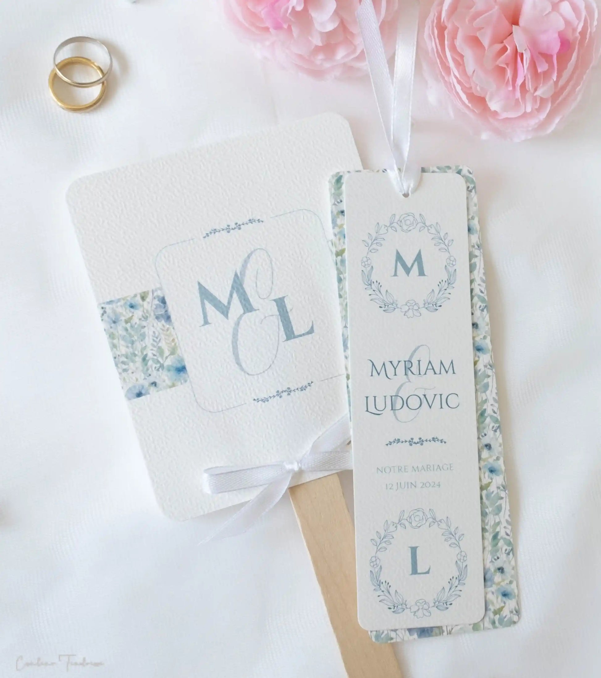 Signet de mariage - Cadeau pour invités à motif fleuri bleu et vert d'eau