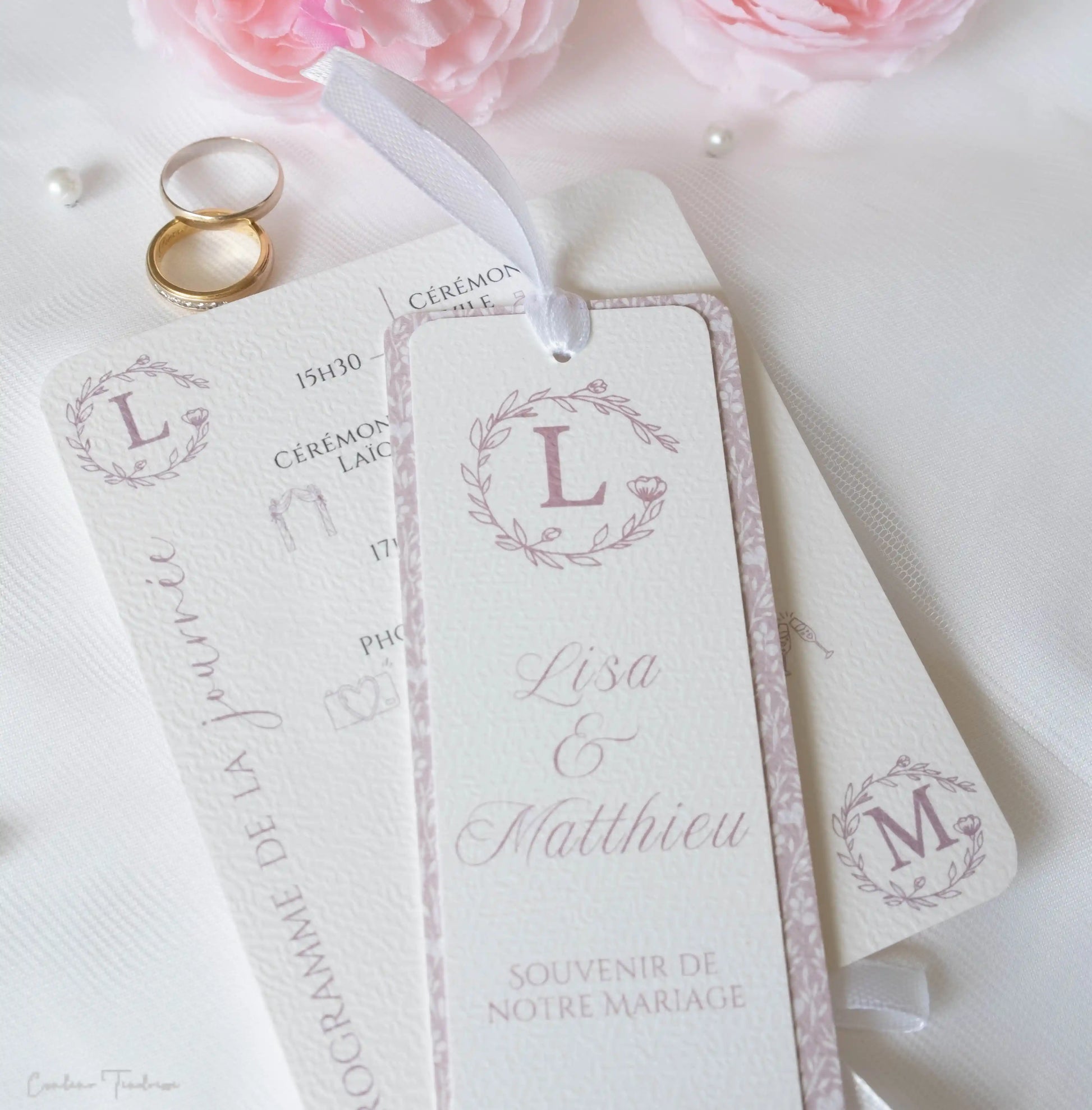 Signet et Etiquette de mariage au motif fleuri rose poudré