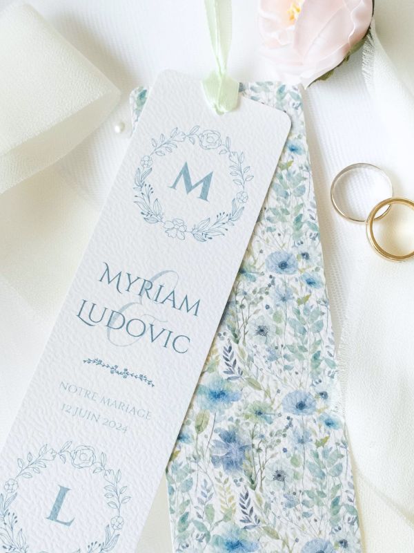 signet de mariage personnalisé fleuri bleu et vert d'eau